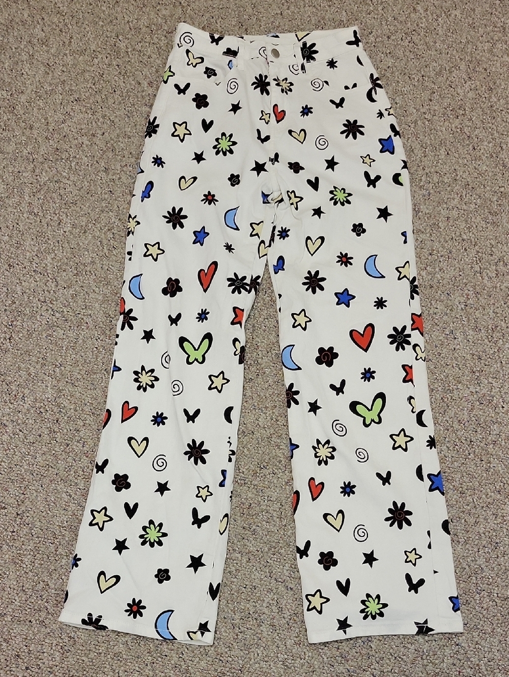 Bailey Rose High Waist Pants with Multicolor Hearts & Stars XS. Goth Grunge